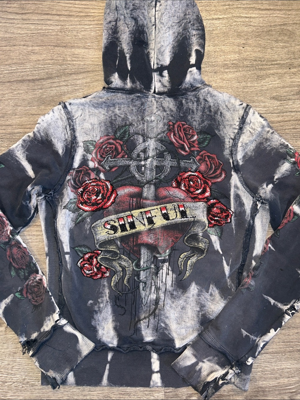 Sinful Rhinestone Heart Rose Zip Hoodie Medium Distressed Y2K Gothic Grunge